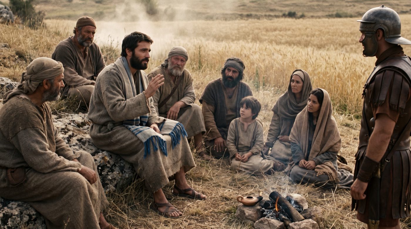Jesús enseñando a la multitud en la ladera